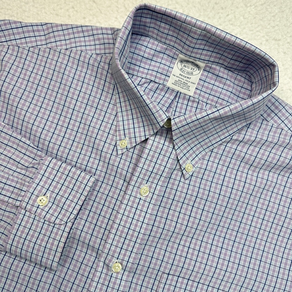 Brooks Brothers Shirt Mens 16.5-33 Blue Purple Regent American Supima Cotton EUC